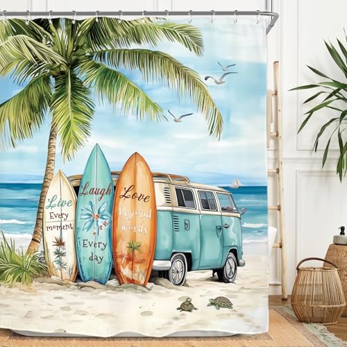 Miyotaa Coastal Beach Palm Surfboard Shower Curtain Set 60Wx71H Inches Ocean Summer Tropical Scenery Hawaii Camping Waterproof Bathroom Curtain with 12 Hooks