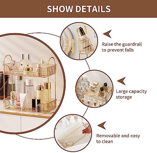 Akinbas 2 Tier Bathroom Organizer Countertop Makeup Perfume Tray Skincare Organizer for Bathroom Dresser Vanity (Gold)