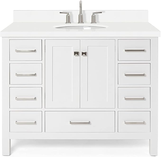 ARIEL Cambridge 42-inch Bathroom Vanity with Sink,Solid Wood, 1.5-inch Pure White Quartz Countertop & Backsplash, Single Oval Porcelain Sink, 2 Soft Closing Doors, 9 Dovetail Drawers, White