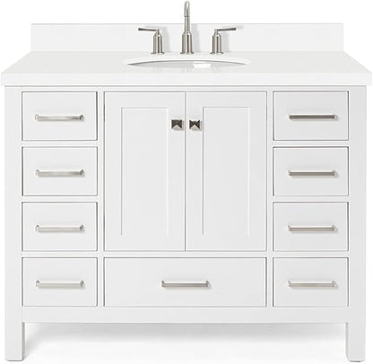 ARIEL Cambridge 42-inch Bathroom Vanity with Sink,Solid Wood, 1.5-inch Pure White Quartz Countertop & Backsplash, Single Oval Porcelain Sink, 2 Soft Closing Doors, 9 Dovetail Drawers, White