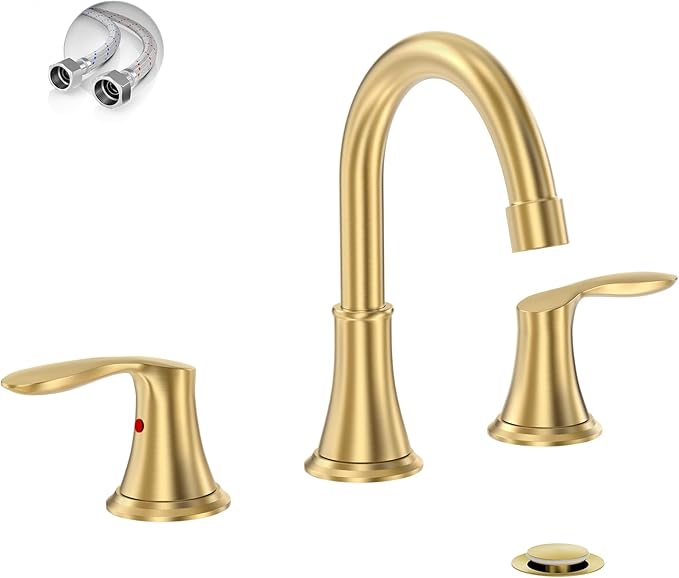 Phiestina Brushed Gold Widespread 8 Inch 3 Holes Bathroom Faucet，2 Handles Modern Bathroom Sink Faucet with Metal Pop-Up Drain & Water Supply Line, WFTY36-BG