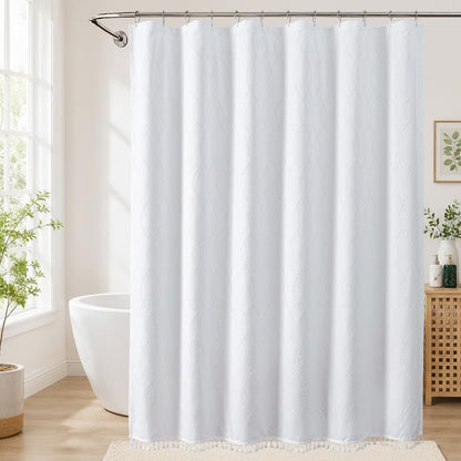 OVZME Extra Long White Shower Curtain 84 Inch Long, Puff Printed Textured Shower Curtain with Tassels, Tall Farmhouse Geometry Bathroom Curtain, Water Resistant Fabric, 72Wx84L Inches