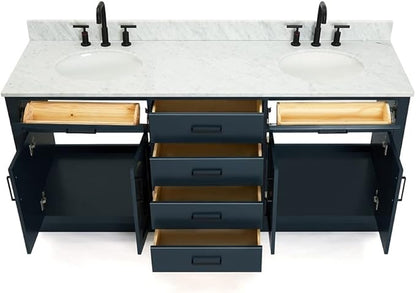 ARIEL Hepburn 72-inch Bathroom Vanity with Sink,Solid Wood, 0.75-inch Italian Carrara Marble Countertop, Double Oval Porcelain Sink, 4 Soft Closing Doors, 6 Dovetail Drawers, Midnight Blue