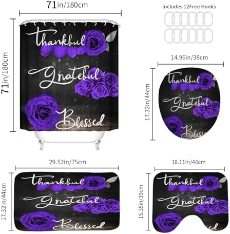 Onalasyc 4Pcs Purple Rose Floral Shower Curtain with Rugs Set