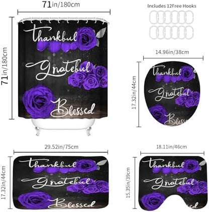 Onalasyc 4Pcs Purple Rose Floral Shower Curtain with Rugs Set