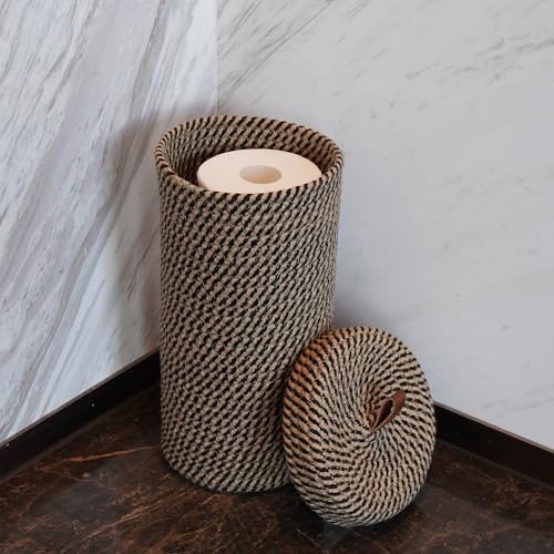 Handmade Cotton & Jute Toilet Paper Holder – Woven Toilet Paper Stand & Storage Basket with Lid, Freestanding Organizer for Bathroom, Fits 3 Mega Rolls 14" x 7''