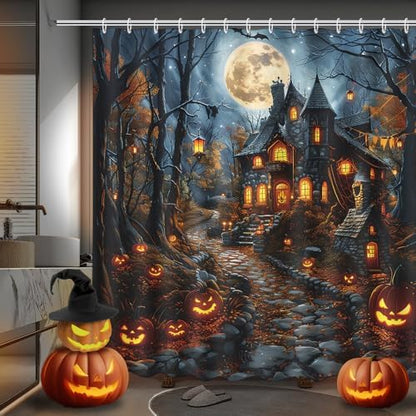 MEHOFOND Halloween Evil Pumpkin Shower Curtain Moon Night Bath Curtain
