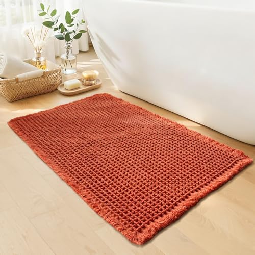 Burnt Orange Bathroom Rug, Fall Waffle Bath Mat Non Slip, 18" x 30"