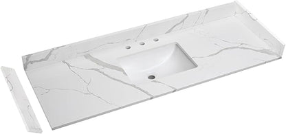 60 in.W x 22 in.D Quartz Calacatta River Vanity Top,with Undermount Middle Sink Vanity Top,with Two Sidesplash & One Backsplash,8 Inch Faucet Hole Spread Bathroom Vanity Sink Countertop