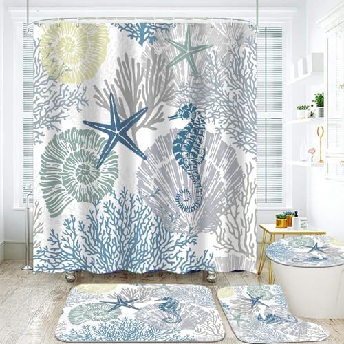 Nkzply 4 Pcs Beach Shower Curtain Set Blue Ocean Bathroom Sets with Shower Curtain and Rugs Seahorse Shower Curtains Set Seashell Starfish Bathroom Decor Accessories Coral Bathroom Rugs Set