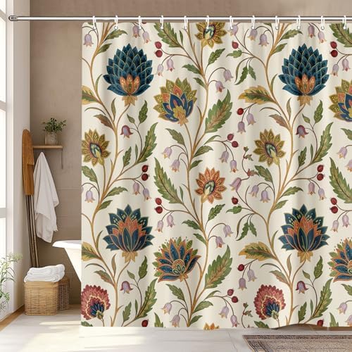Vintage Floral Shower Curtain for Bathroom, Rustic Farmhouse Beige and Teal Sage Green Boho Botanical Shower Curtains, Retro Cottagecore Wildflower Aesthetic Bath Curtain Set with Hooks， 72 x 72 Inch