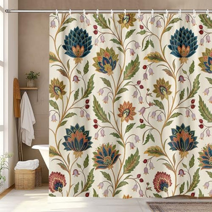 Vintage Floral Shower Curtain for Bathroom, Rustic Farmhouse Beige and Teal Sage Green Boho Botanical Shower Curtains, Retro Cottagecore Wildflower Aesthetic Bath Curtain Set with Hooks， 72 x 72 Inch