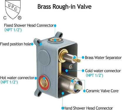 Brushed Nickel Ceiling Mount Round Rain Shower System with 16 Inch Shower Head and Handheld Bathroom Shower Set Contain Shower Faucet Trim Kit (Mixer Valve Included)