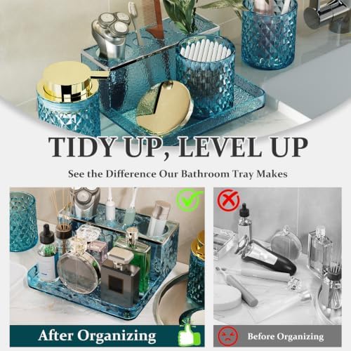 Glass Bathroom Accessories Set 5Pcs Crystal Teal, Foaming Soap Dispenser, Soap Dish, Cup, Acrylic Toothbrush Holder with Tray Organizer, Cotton Swab Jar, Bathroom Counter Set Sink Decor