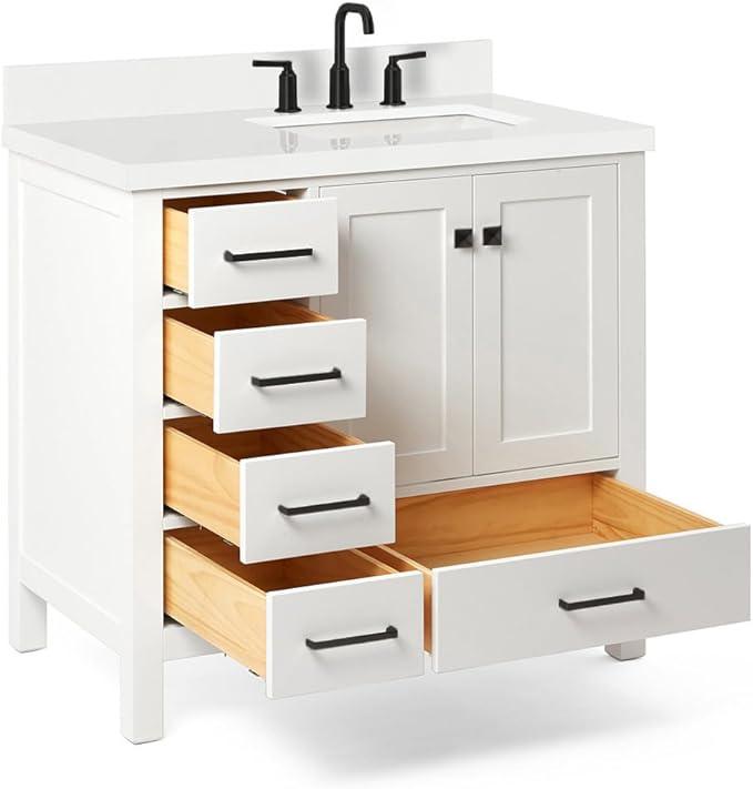 ARIEL Cambridge 36-inch Bathroom Vanity with Sink,Solid Wood, 1.5-inch Pure White Quartz Countertop & Backsplash, Single Rectangular Porcelain Sink, 2 Soft Closing Doors, 5 Dovetail Drawers, White