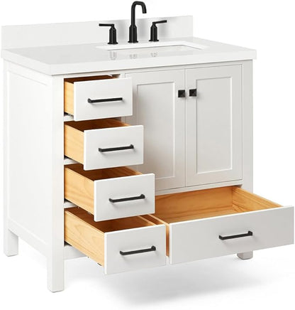 ARIEL Cambridge 36-inch Bathroom Vanity with Sink,Solid Wood, 1.5-inch Pure White Quartz Countertop & Backsplash, Single Rectangular Porcelain Sink, 2 Soft Closing Doors, 5 Dovetail Drawers, White