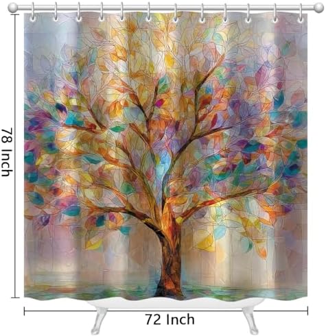 Moonslim Colorful Tree Shower Curtains, Stained Glass Trees Leaves Colored Seasons Fabric Shower Curtain Set Modern Aesthetic Bath Curtain for Bathroom Decor Waterproof Cloth with Hooks 72X78 Inch