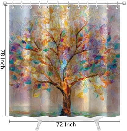 Moonslim Colorful Tree Shower Curtains, Stained Glass Trees Leaves Colored Seasons Fabric Shower Curtain Set Modern Aesthetic Bath Curtain for Bathroom Decor Waterproof Cloth with Hooks 72X78 Inch
