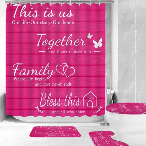 4Pcs Family Shower Curtain Sets with Non-Slip Rugs
