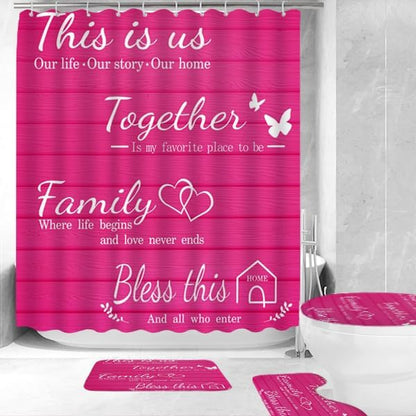 4Pcs Family Shower Curtain Sets with Non-Slip Rugs