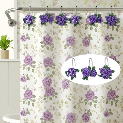 Amyhill 12 Pcs Purple Rose Shower Curtain Hooks Cute Purple Rose Decorative Curtain Rings Bulk Hanger Stainless Steel Resin Spring Flowers Themed Hooks for Bathroom Bedroom Living Room Home Decor