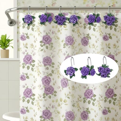 Amyhill 12 Pcs Purple Rose Shower Curtain Hooks Cute Purple Rose Decorative Curtain Rings Bulk Hanger Stainless Steel Resin Spring Flowers Themed Hooks for Bathroom Bedroom Living Room Home Decor