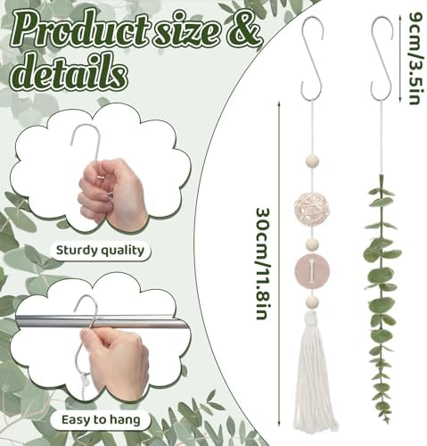 Yinkin Set of 12 Boho Eucalyptus Shower Curtain Hooks Rings Rustic Farmhouse Decor Rustproof Metal Decorative Hanger Set for Home Bathroom Bedroom Baby Room Curtain Decor (Rattan)