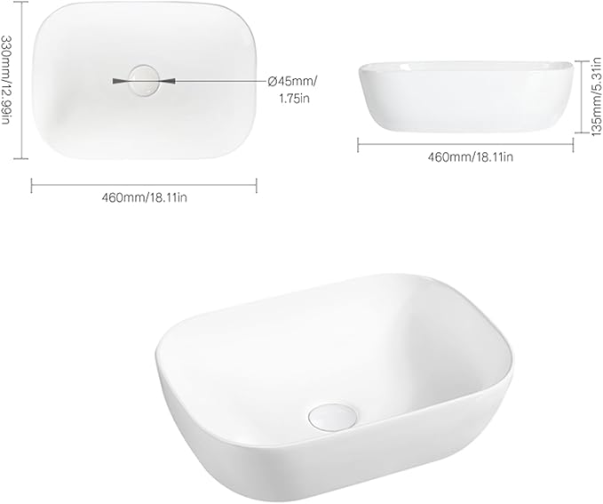 NUESTRA VIDA 18.1"x13" Bathroom Vessel Sink, White Ceramic Sink Bowl Above Counter, Vanity Sink, Lavatory Wash Basin