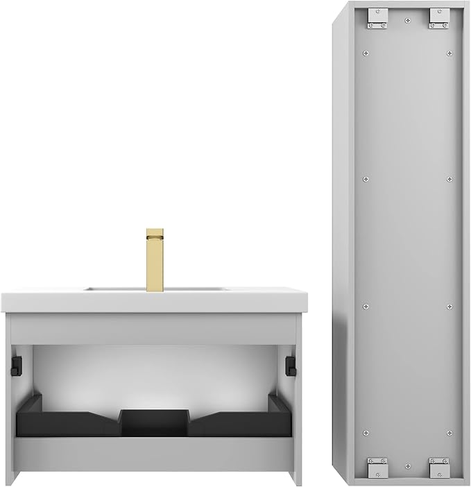Blossom Positano Wall Mounted Bathroom Vanity with Acrylic Sink & Side Cabinet | All Wood Floating Vanity Cabinet | Soft-Close Drawer | Modern Minimalist Style (Light Grey, 30" w/Sink & SC)
