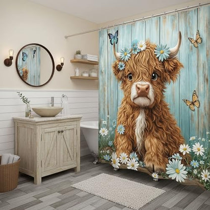 Cow Shower Curtain, Farmhouse Rustic Floral Daisy Funny Highland Cow Shower Curtains for Bathroom, Cute Calf Country Farm Animal Bathroom Decor with Hooks, 60x72 inch