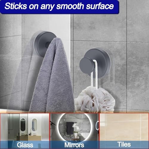 Bntuk Suction Cup Hooks for Shower, Removable Towel Hooks for Bathroom Window Glass Door Wall, Bath Robe Looafh Hook for Hanging - 4 Pack, Grey