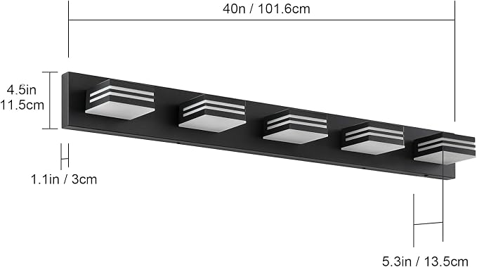 LED Modern Bathroom Vanity Light Fixtures (5-Light, 40-Inch), Matte Black Modern Bathroom Wall Lighting Fixtures Over Mirror (Cool White 6000K)
