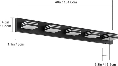 LED Modern Bathroom Vanity Light Fixtures (5-Light, 40-Inch), Matte Black Modern Bathroom Wall Lighting Fixtures Over Mirror (Cool White 6000K)