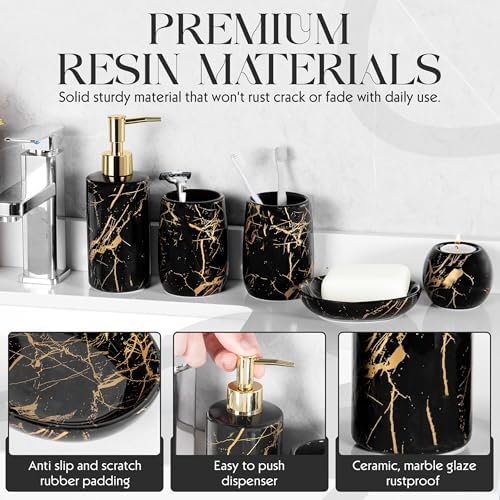 Ceramic Bathroom Accessory Set, 5-Piece Bathroom Accessory Set, Soap Dish, Toothbrush Holder, Soap Dispenser, Bathroom Tumbler & Candle Holder - Modern Bathroom Organizer, (Black & Gold)
