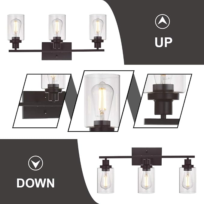 MELUCEE 3 Light Bathroom Vanity Light Oil Rubbed Bronze, Industrial Wall Light Fixture with Clear Glass Shade Sconces for Bedroom Porch Kitchen Living Room (Patent No.: US D963914 S)