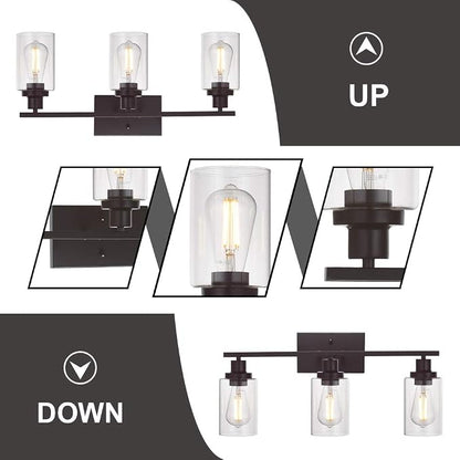MELUCEE 3 Light Bathroom Vanity Light Oil Rubbed Bronze, Industrial Wall Light Fixture with Clear Glass Shade Sconces for Bedroom Porch Kitchen Living Room (Patent No.: US D963914 S)