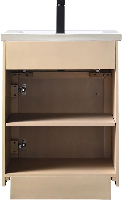 Vanity Art 24 inch Bathroom Vanity with Sink, Vanity Cabinet with Doors and Removable Shelf, Modern Wood Cabinet with Marble Top, Solid Wood Frame, Ceramic Sink,VA70-24-LW-E