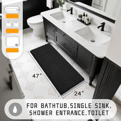 Yimobra Long Bathroom Rugs 47"x24", Extra Soft Non Slip Bath Mat for Tub, Super Absorbent Quick Dry Shaggy Rug Floor Carpet, Machine Washable,Black