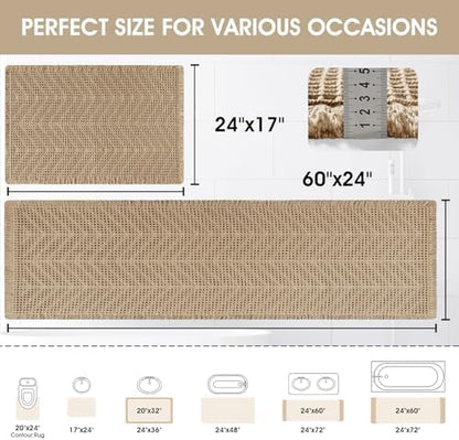 Upgraded Waffle Bath Mat Set 2 Piece Beige-Herringbone, Super Absorbent Non-Slip Quick Dry Bathroom Rugs with Tassels, Machine Washable Ultra Soft Boho Bath Rugs, Toilet Mats Boho Farmhouse Decor