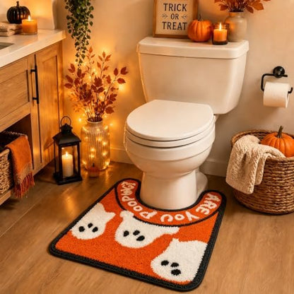 Orange Ghost Halloween Bathroom Rug, Fun U-Shaped Toilet Rug