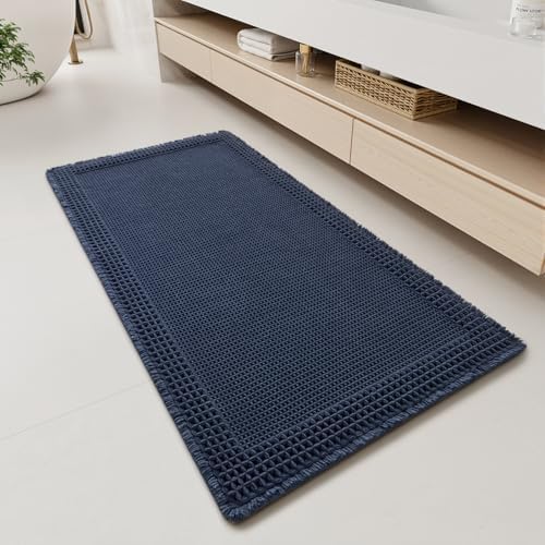 RESARE Waffle Bathroom Runner Rugs, Non Slip Boho Bath Mat 24"x48" Navy