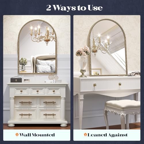 Arched Beaded Mirror for Bathroom, 24"x38" Antique Gold Arch Vanity Wall Mirror, Retro Brass Metal Frame Champagne Bronze Mirrors for Bedroom Dressing Room Entryway Fireplace