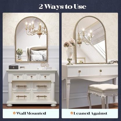 Arched Beaded Mirror for Bathroom, 24"x38" Antique Gold Arch Vanity Wall Mirror, Retro Brass Metal Frame Champagne Bronze Mirrors for Bedroom Dressing Room Entryway Fireplace