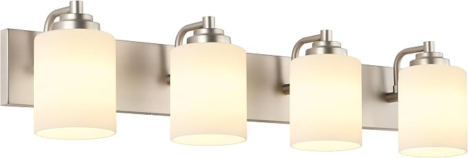 SOLFART Brushed Nickel Bathroom Vanity Light Vintage 4 Light Wall Light with Milky White Globes, 4 Lights Modern Over Mirror Lighting Fixture for Bathroom