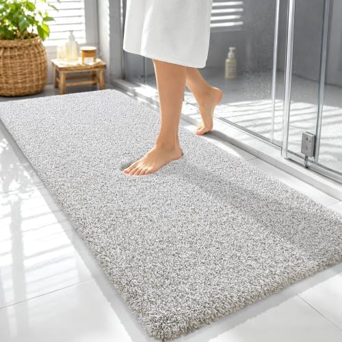 OLANLY Microfiber Bathroom Rugs 59x24, Quick Dry Bath Mat, Greige and White