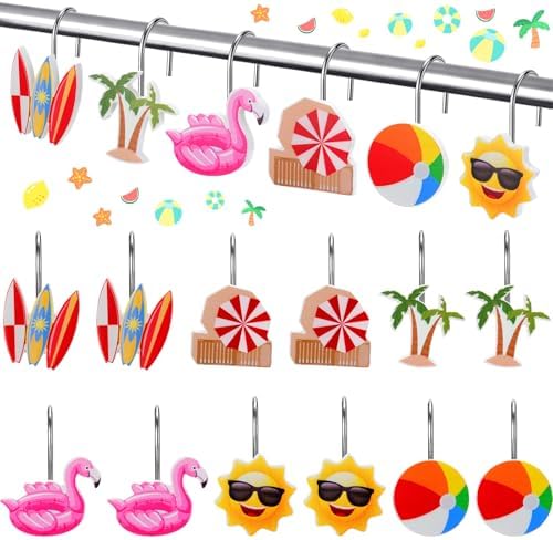 Thyle 12 Pcs Summer Shower Curtain Hooks, Summer Party Resin Ornament Rings Beach Theme Shower Curtain Hooks for Bathroom Bedroom Accessories