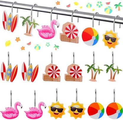 Thyle 12 Pcs Summer Shower Curtain Hooks, Summer Party Resin Ornament Rings Beach Theme Shower Curtain Hooks for Bathroom Bedroom Accessories