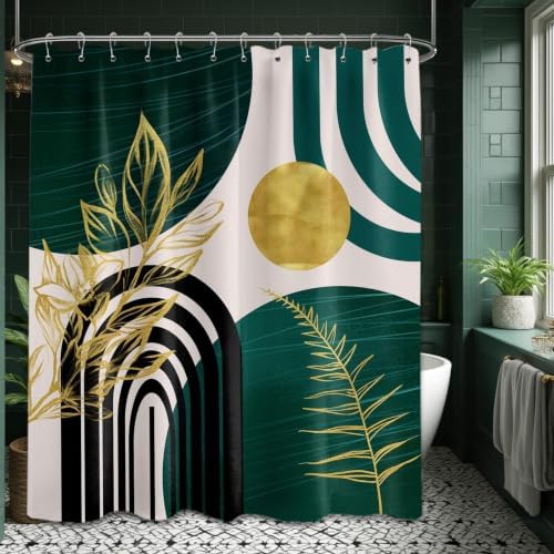 Emerald Green and Gold Extra Long Shower Curtain, Tall 72X84 in