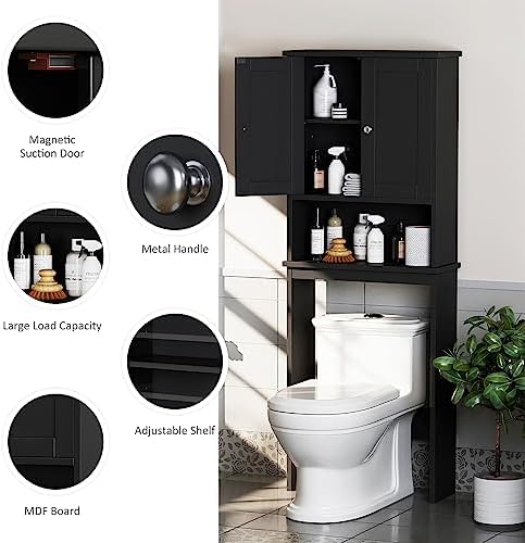 Over The Toilet Storage Cabinet for Bathroom, Black Bathroom Storage Over Toilet, Space Saver W/Adjustable Shelf and Open Shelf, Black
