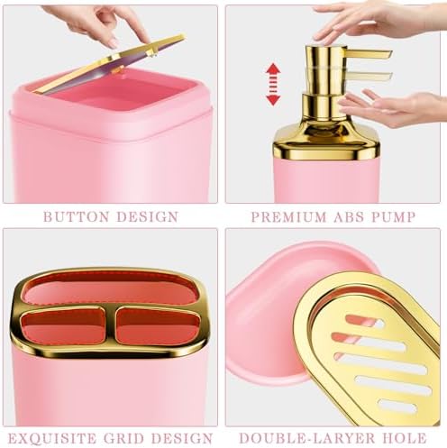 XLHOMO Bathroom Accessory Set - 24PCS Luxury Bathroom Accessories Set, Bathroom Sets with Shower Curtain and Rugs, Pink Bathroom Set with Trash Can, Toothbrush Holder & Soap Dispenser for Home Decor